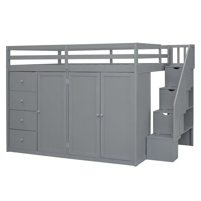 Full Size Wood Loft Bed With Built-in Wardrobes, Cabinets and Drawers
