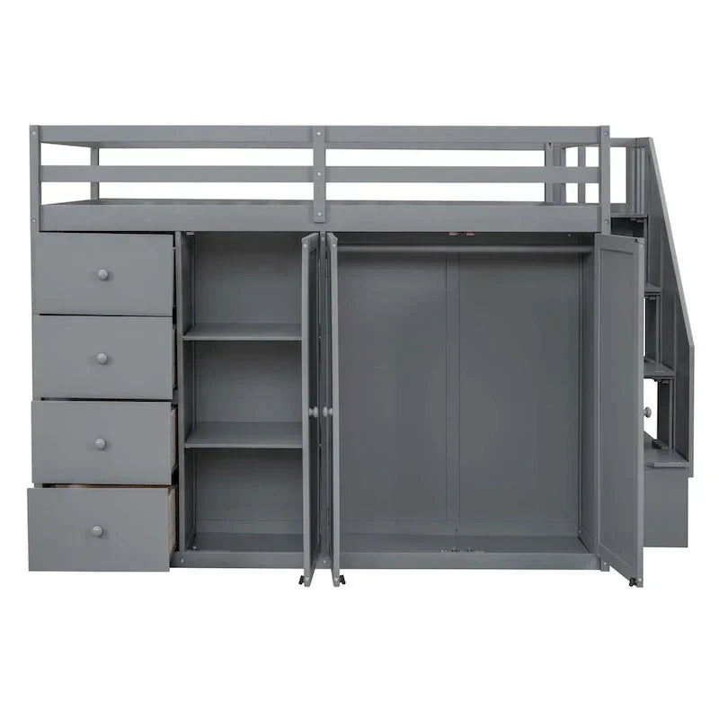 Full Size Wood Loft Bed With Built-in Wardrobes, Cabinets and Drawers
