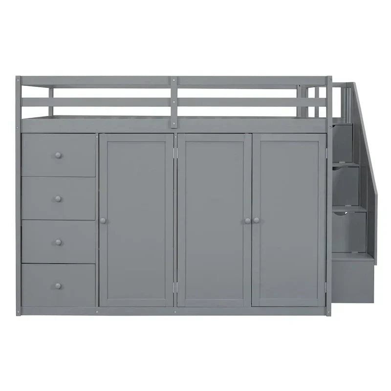 Full Size Wood Loft Bed With Built-in Wardrobes, Cabinets and Drawers