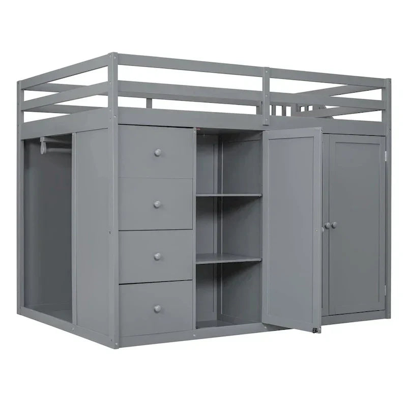 Full Size Wood Loft Bed With Built-in Wardrobes, Cabinets and Drawers