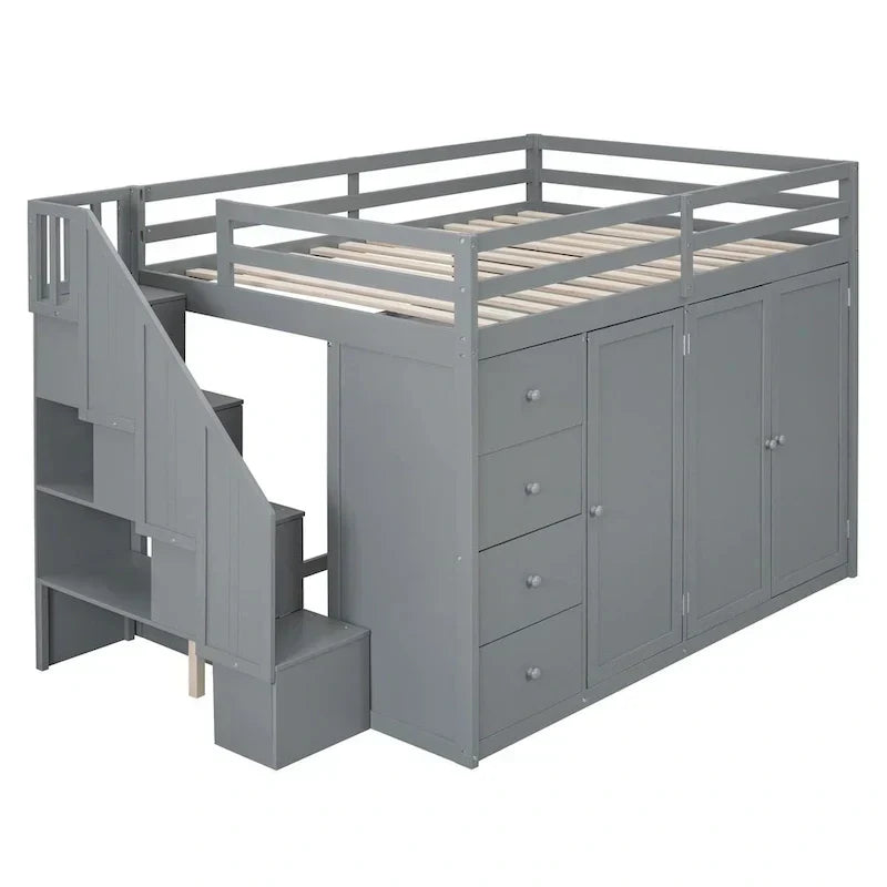 Full Size Wood Loft Bed With Built-in Wardrobes, Cabinets and Drawers