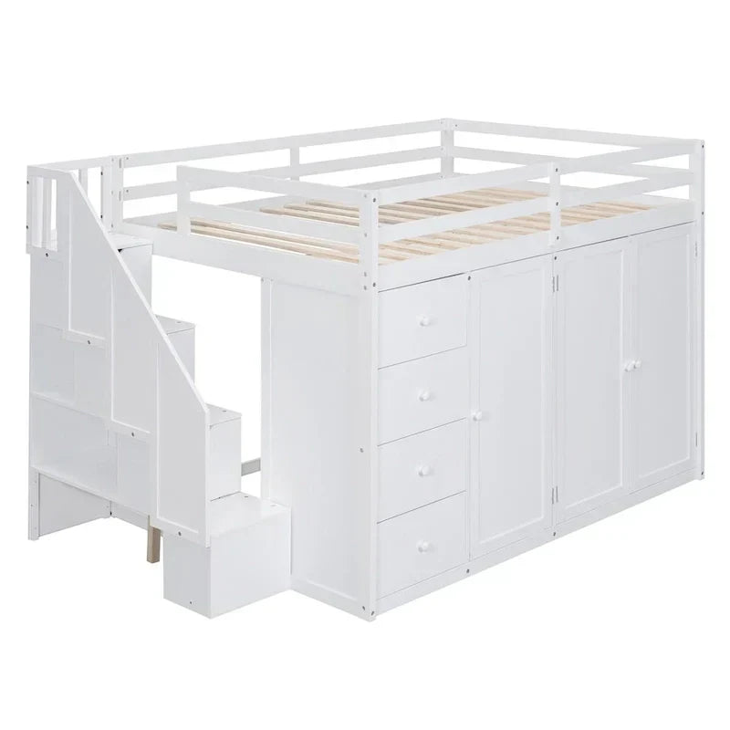 Full Size Wood Loft Bed With Built-in Wardrobes, Cabinets and Drawers