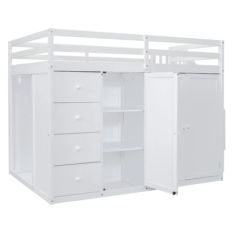 Full Size Wood Loft Bed With Built-in Wardrobes, Cabinets and Drawers