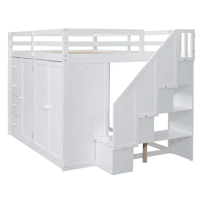 Full Size Wood Loft Bed With Built-in Wardrobes, Cabinets and Drawers