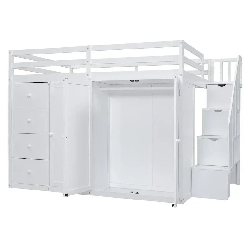 Full Size Wood Loft Bed With Built-in Wardrobes, Cabinets and Drawers