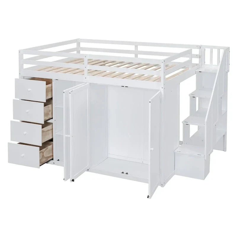 Full Size Wood Loft Bed With Built-in Wardrobes, Cabinets and Drawers