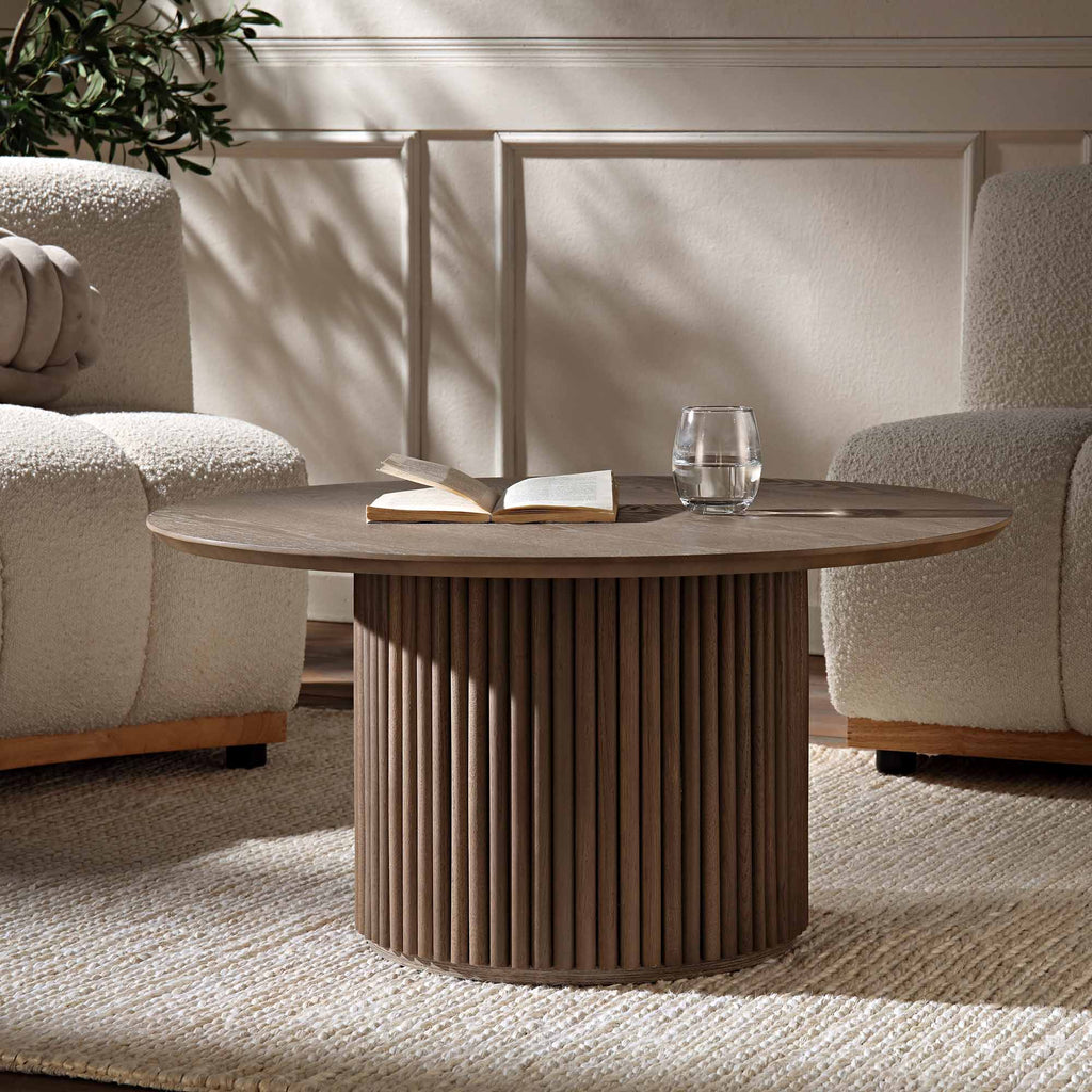 Round Oak Pedestal Coffee Table, Silver Oak