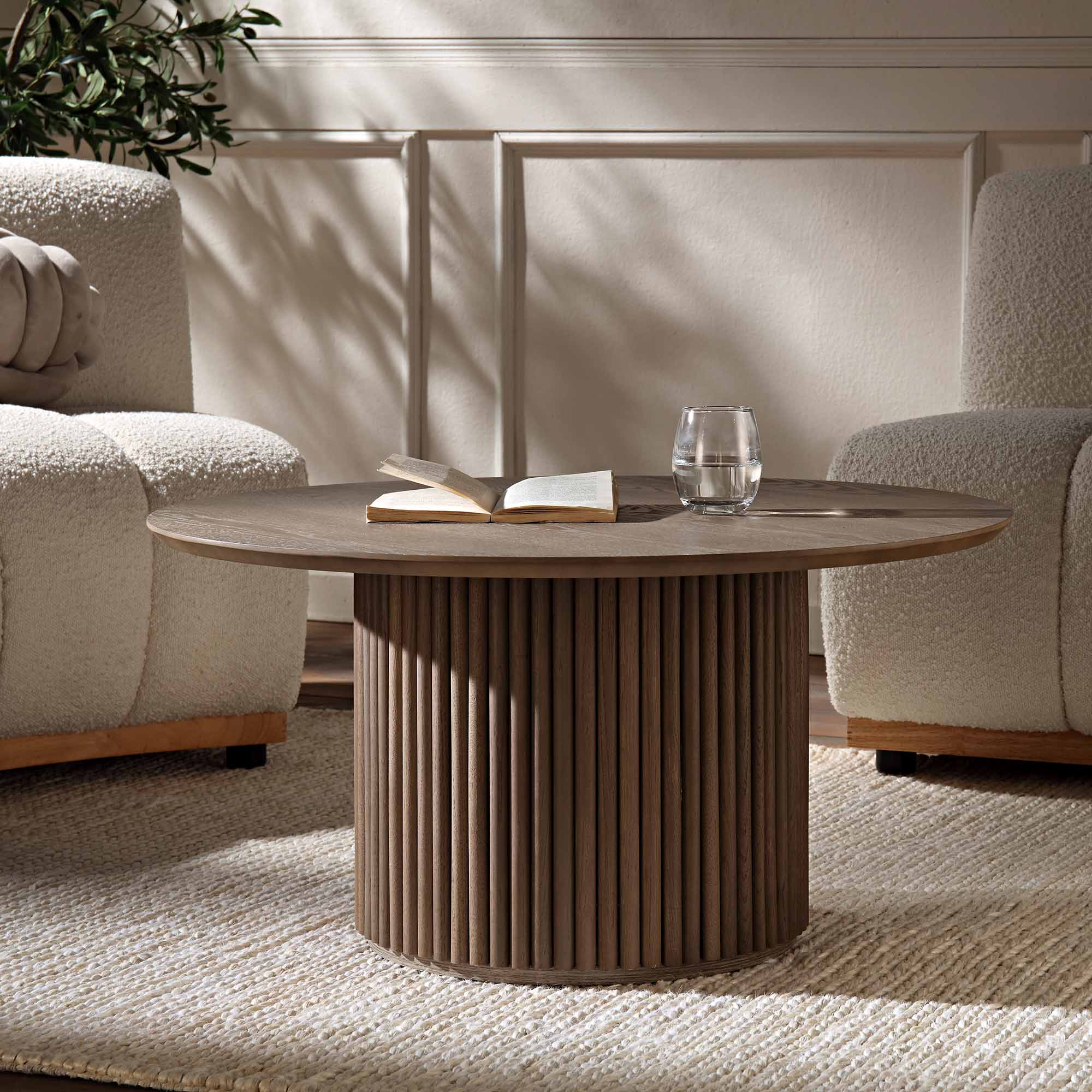 Round Oak Pedestal Coffee Table, Silver Oak