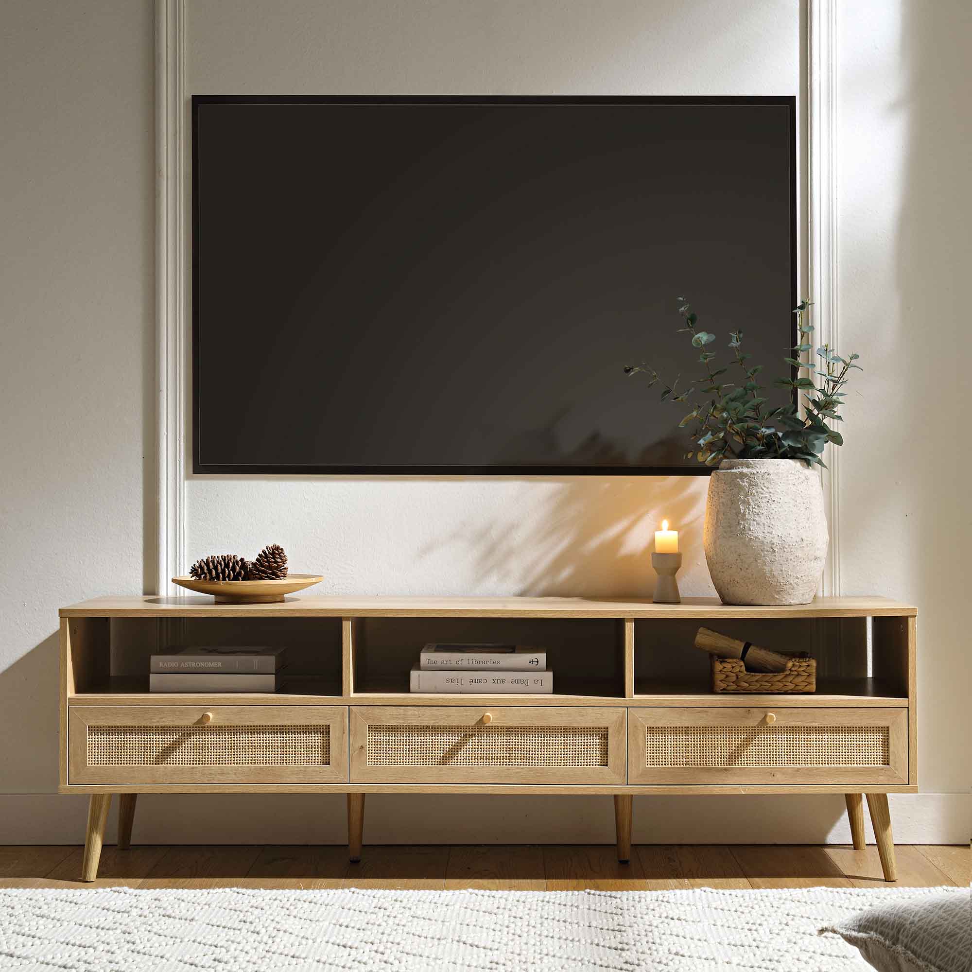 Woven Rattan 63 in. 3-Drawer TV Unit, Natural