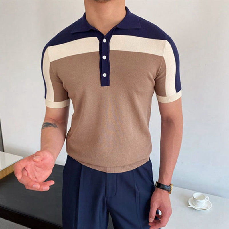 Men's Knit Polo Shirt with Modern Color Block Design
