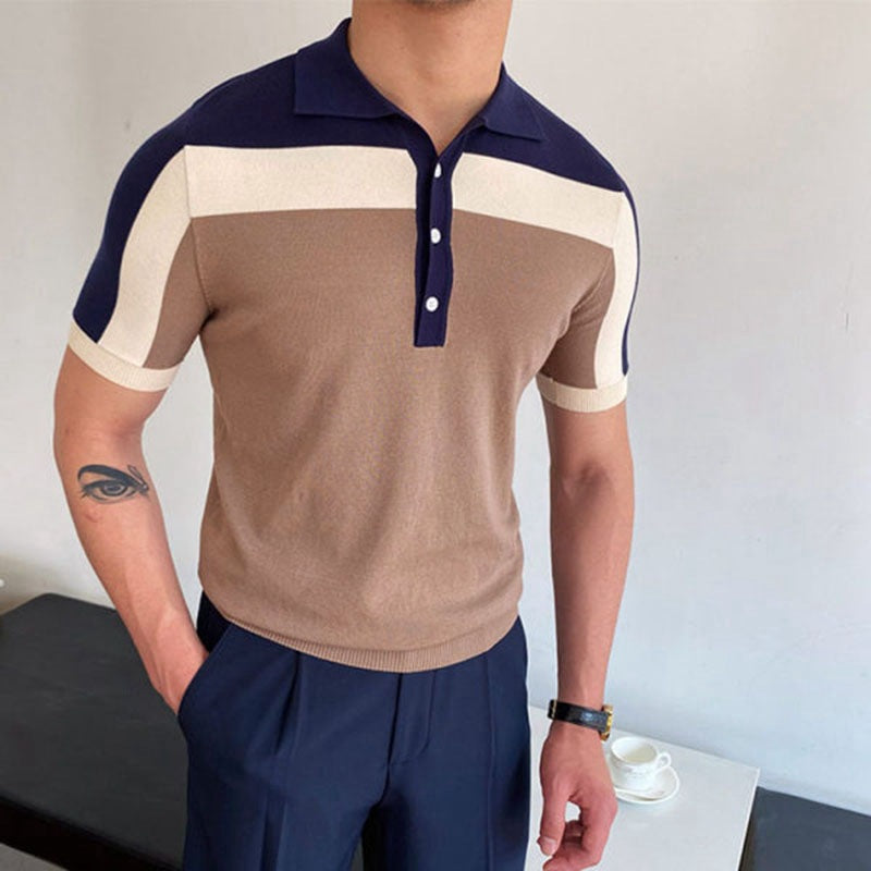 Men's Knit Polo Shirt with Modern Color Block Design